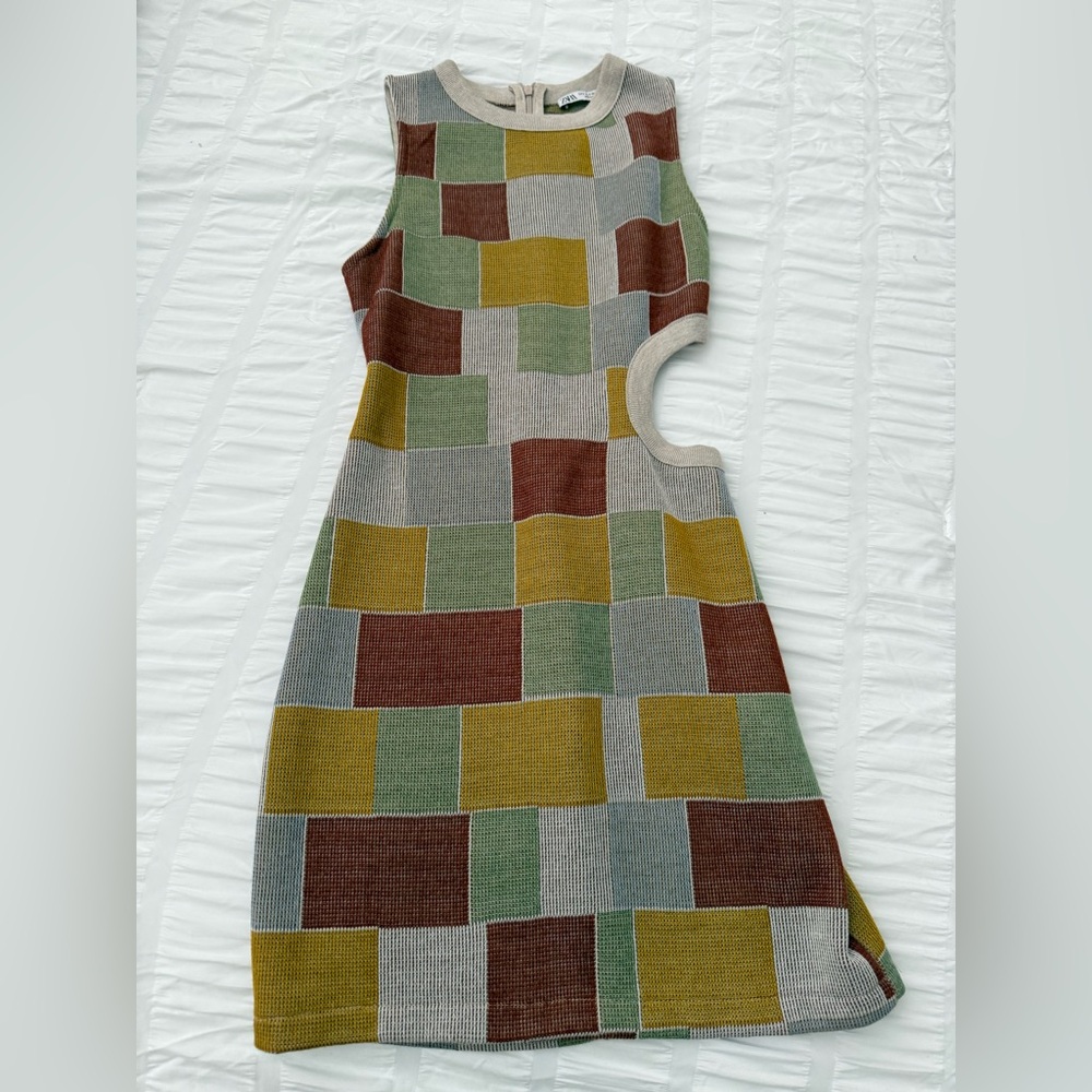 Zara Asymmetrical Patchwork Dress - Green, Brown, Cream